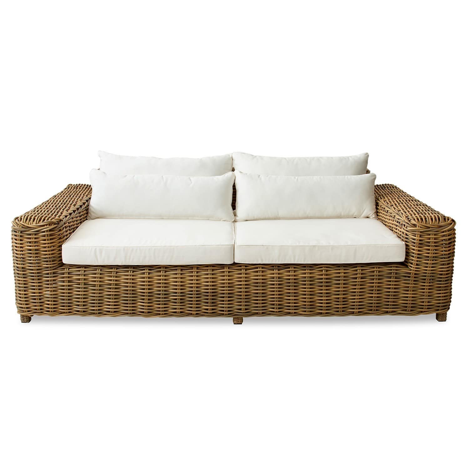 Sofa Camas Rattansofa mit weißen Kissen, gemütliches Sitzmöbel für Wohnzimmer oder Garten