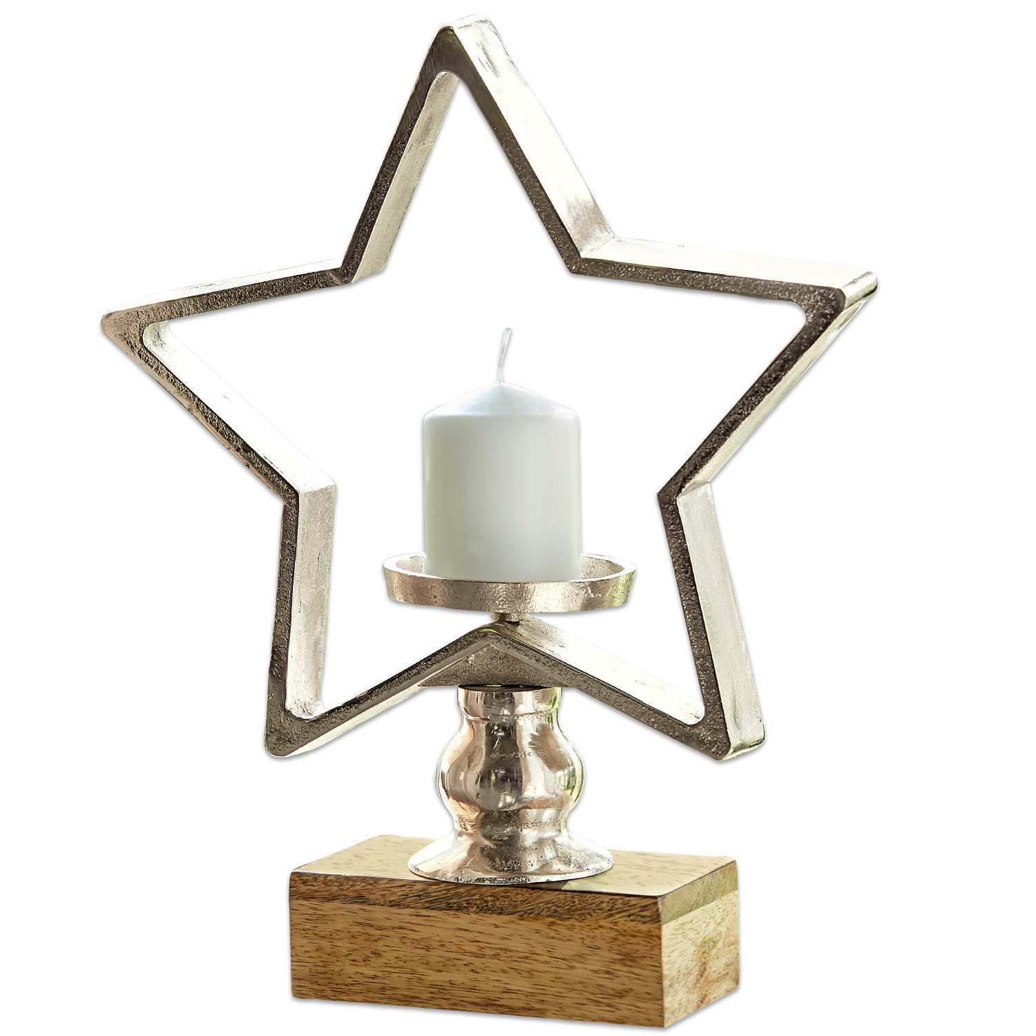 Kerzenständer Orla Metall-Kerzenhalter in Sternform auf Holzsockel mit weißer Dekokerze