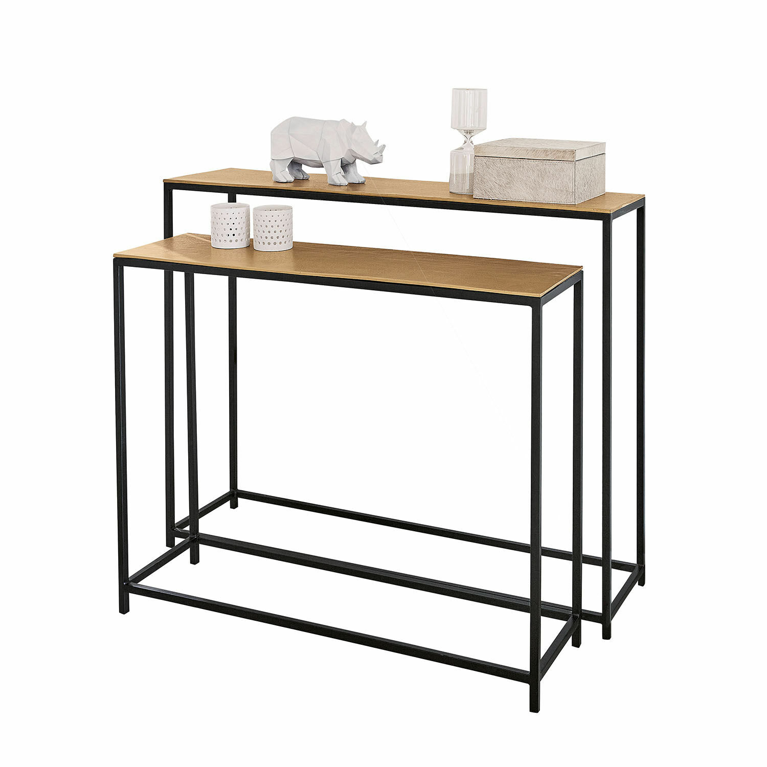 Zweiteiliges Set mit Holzplatte und schwarzem Metallgestell, modernes Design