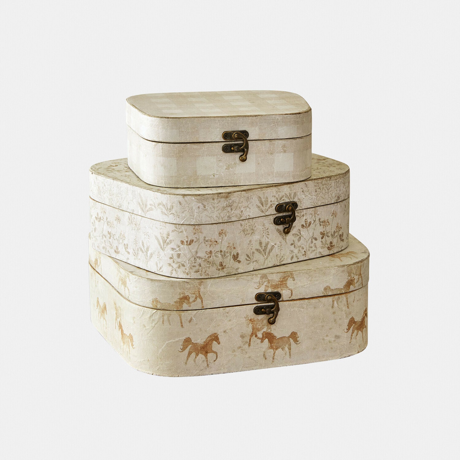 Drei dekorative Papierboxen in Beige mit Pferde- und Pflanzenmotiven, stilvolle Aufbewahrungsboxen