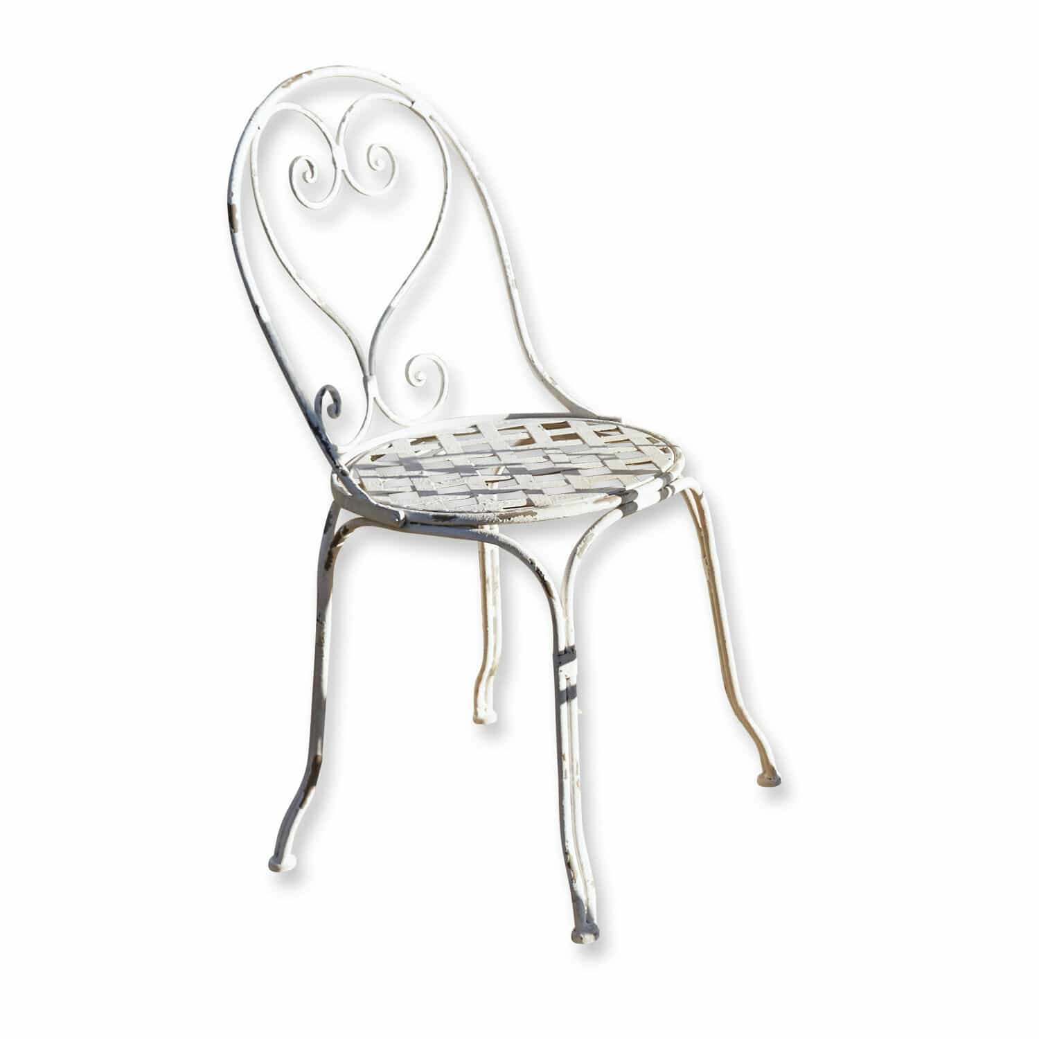 Stuhl Aube Weißer Metall-Gartenstuhl mit geflochtenem Sitz und dekorativer Rückenlehne im Vintage-Stil