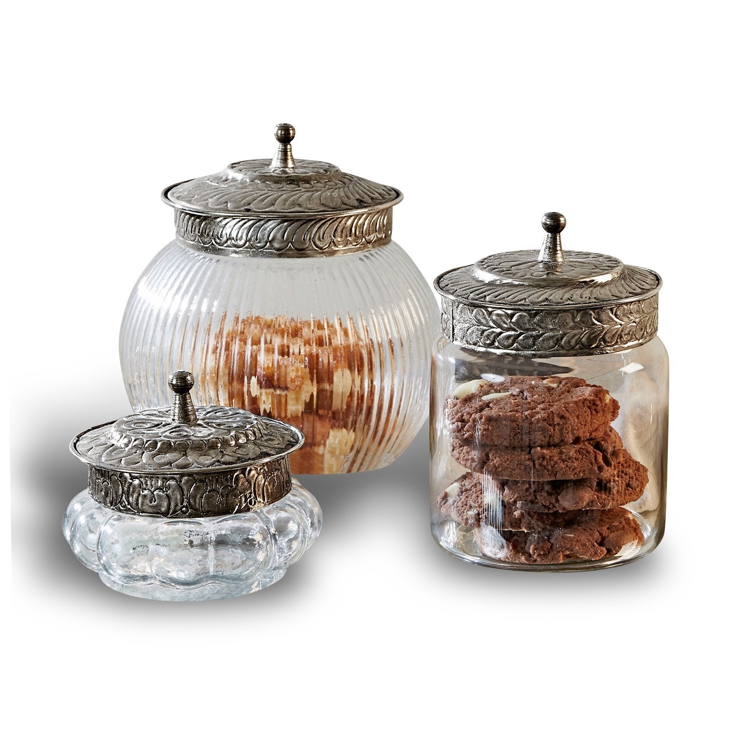 Dose 3er Set Plévin Drei Glasbehälter mit verzierten Metalldeckeln zur Aufbewahrung von Keksen und Snacks