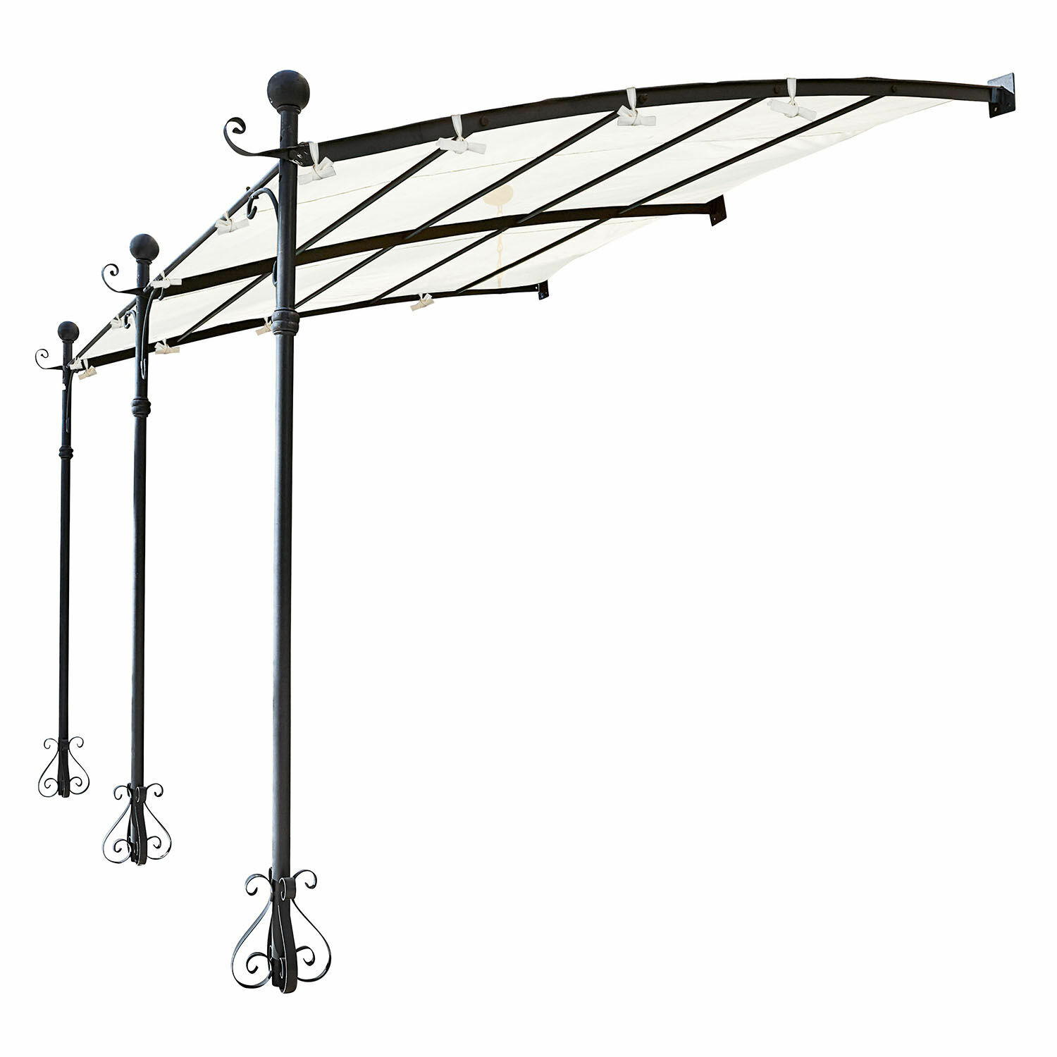 Schwarzes Metallvordach mit weißem Stoffdach für Garten oder Terrasse