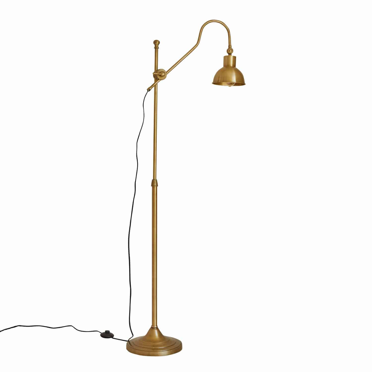Goldfarbene Stehlampe aus Metall mit verstellbarem Arm und schwarzem Kabel für Innenbeleuchtung