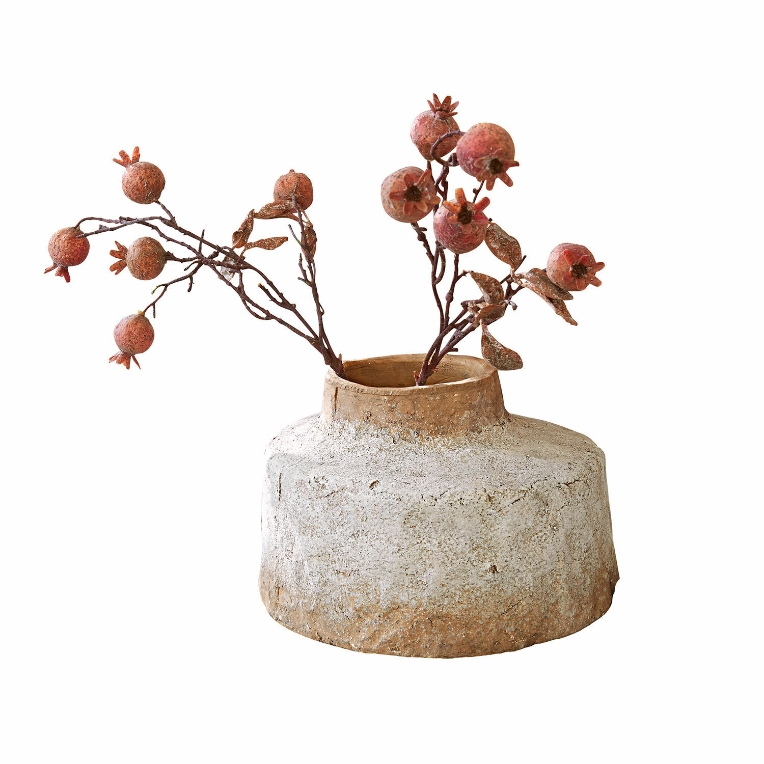 Vase Sévrac Rustikaler Keramikvase in Beige mit dekorativen Zweigen und roten Granatäpfeln