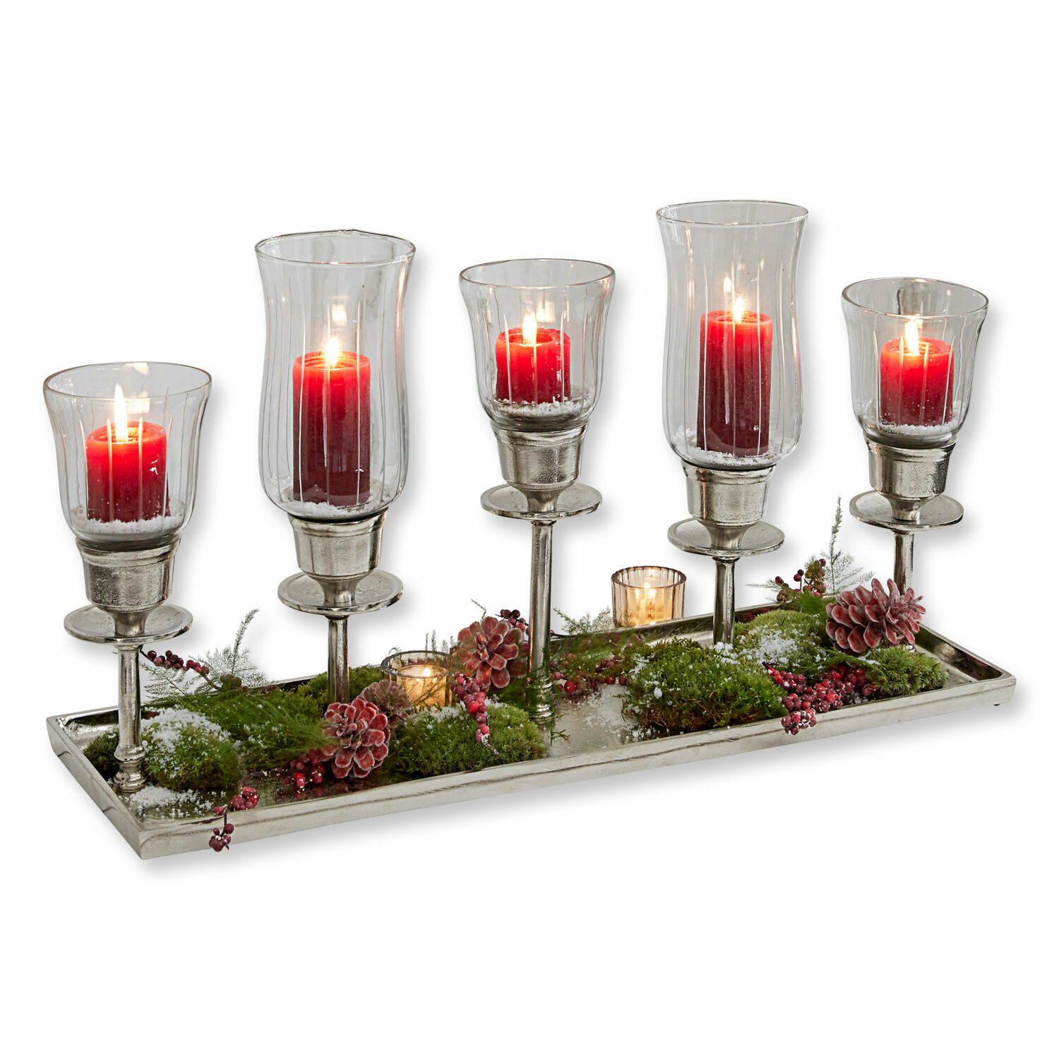 Kerzentablett Ennedi Kerzenhalter aus Glas und Metall mit 5 roten Kerzen, Tannenzapfen und Moos auf Tablett