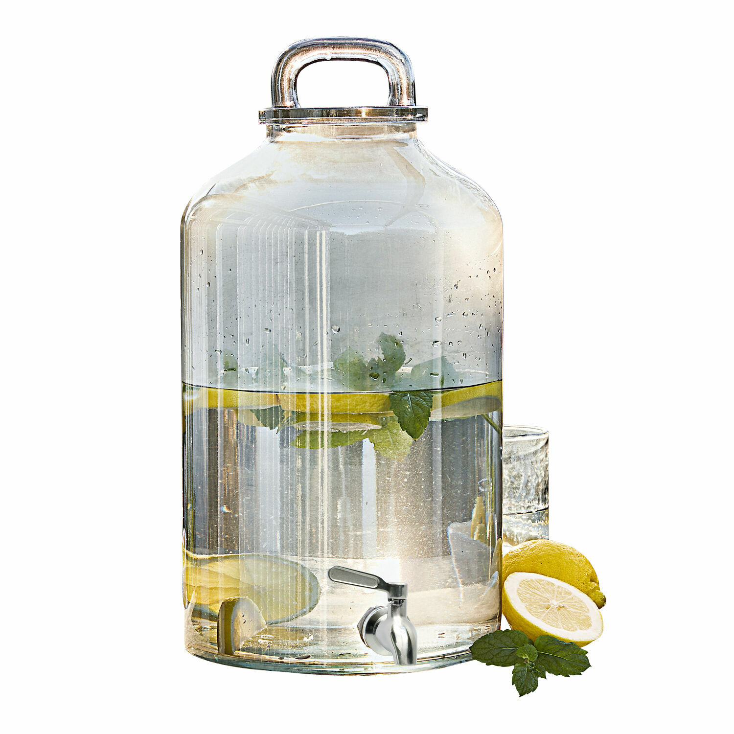 Glasgetränkespender mit Zapfhahn, Zitrone und Minze, ideal für aromatisiertes Wasser