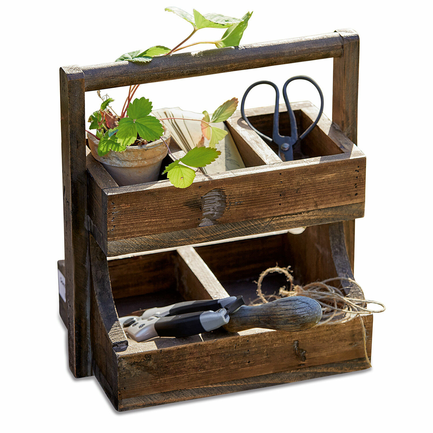 Holz-Organizer für Gartenwerkzeuge mit Fächern, Schere und Blumentopf, braun natur