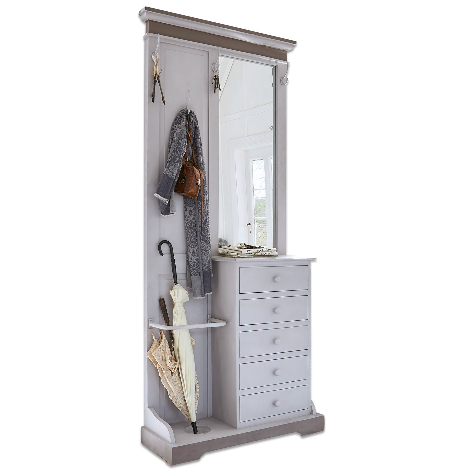 Grauer Holzflur-Schrank mit Spiegel, Haken und Schubladen, praktisches Aufbewahrungsmöbel
