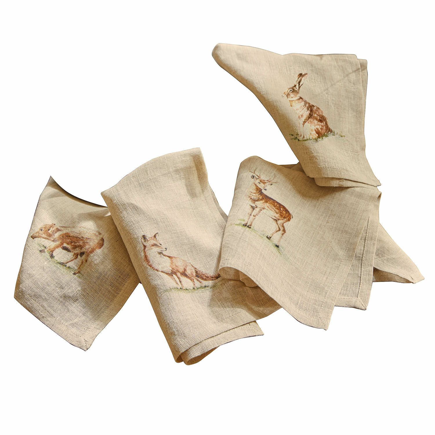 Serviette 4er Set Doucier Beige Leinenservietten mit Waldtier-Motiven, ideal für herbstliche Tischdekorationen
