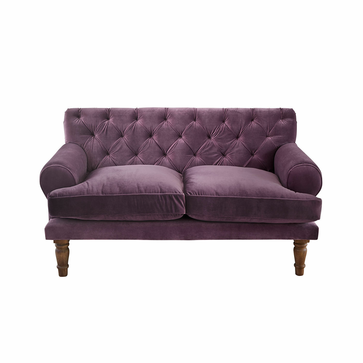 Lila Samtsofa mit gesteppter Rückenlehne und Holzbeinen, elegantes Wohnzimmermöbel
