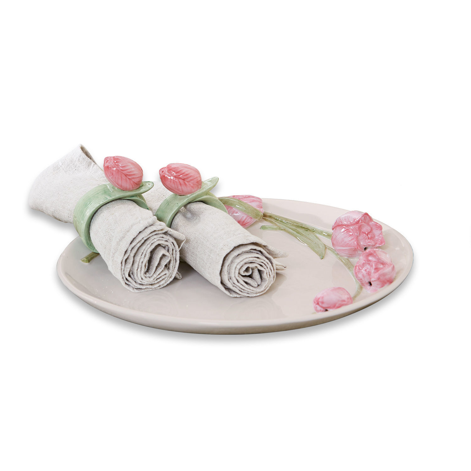 Platte Monique Keramikteller mit rosa Blumen und Leinenservietten mit grünen Ringen als Tischdeko