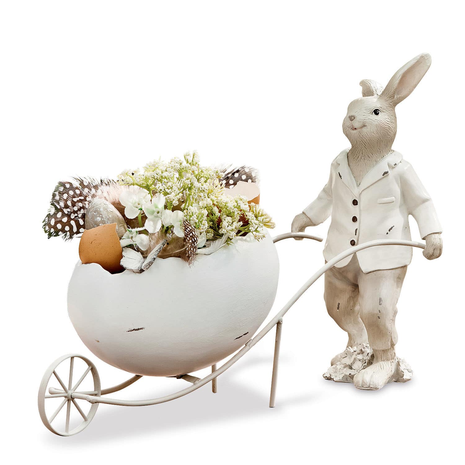Hase Jaris Dekorativer weißer Metallhase schiebt Schubkarre mit eiförmigem Blumentopf und Blumenarrangement