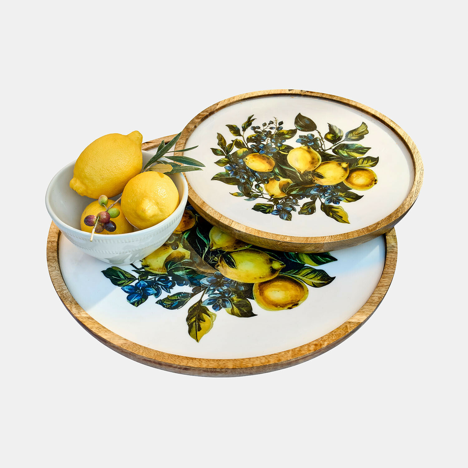 Tablett 2er Set Solianne Holztabletts mit Zitronen- und Blumenmotiv, weiße Schale mit Zitronen, bunte Tischdekoration