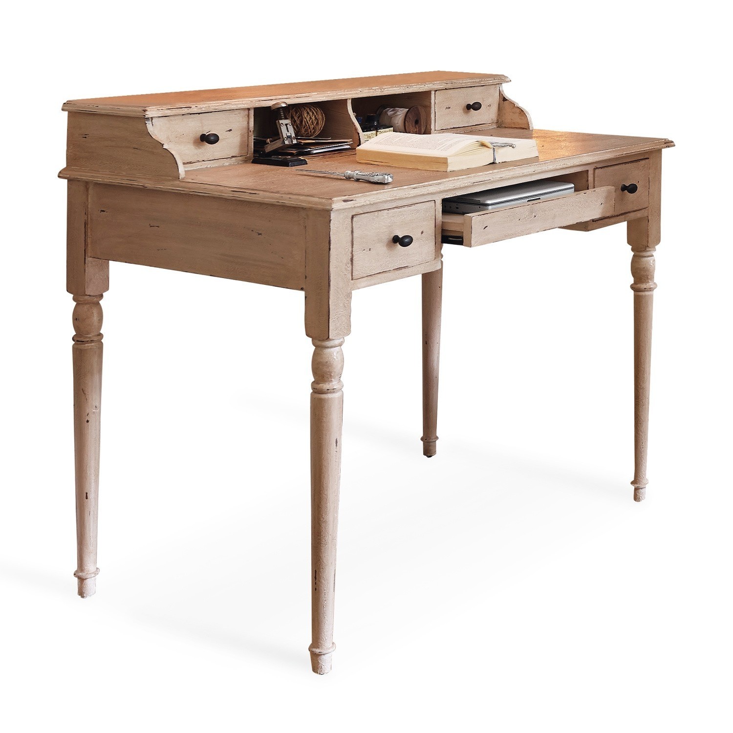 Kremfarbener Holzsekretär mit Schubladen und Fächern, Vintage-Stil für Büro und Zuhause