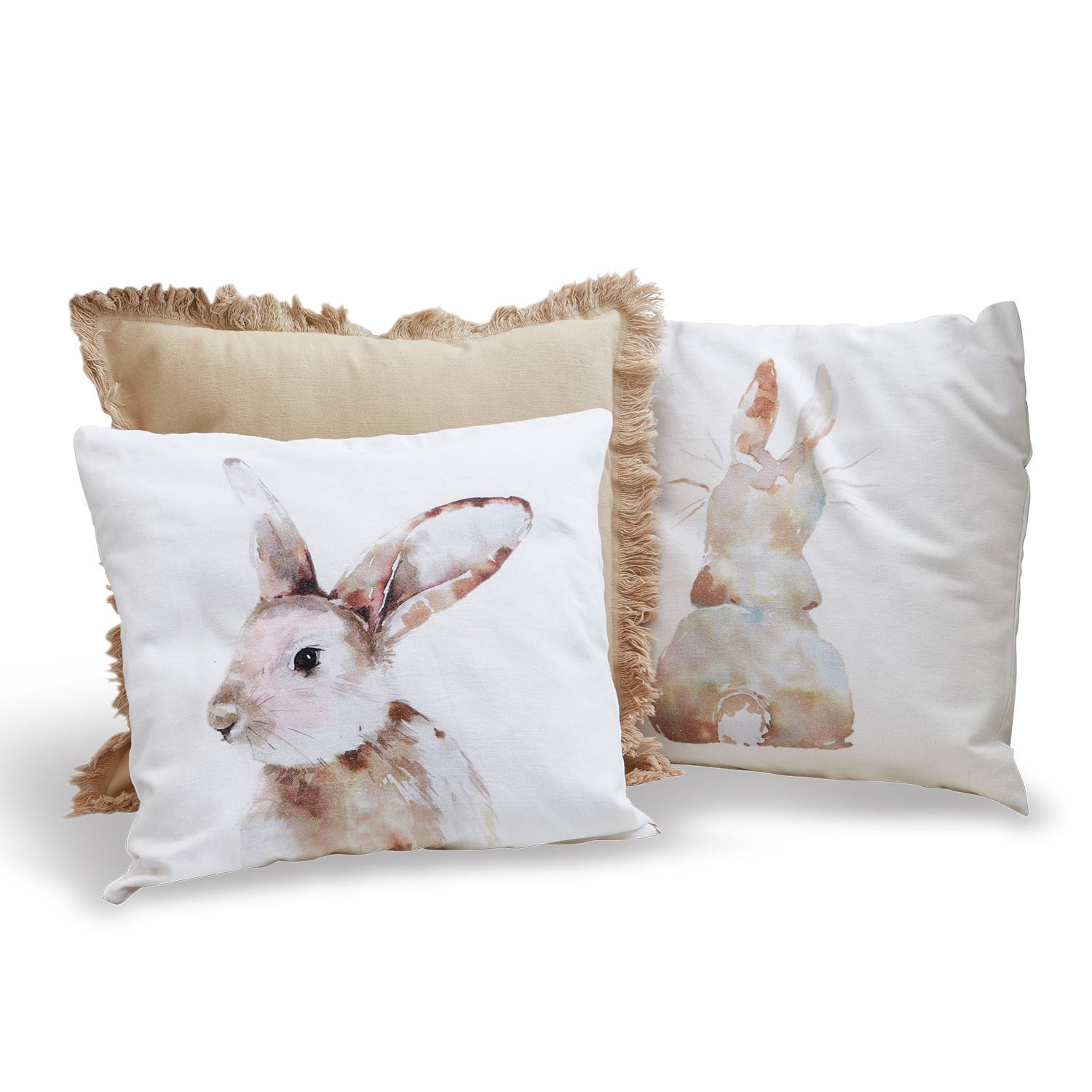 Drei dekorative Baumwollkissen in Beige und Weiß mit Hasenmotiv für gemütliche Wohnräume