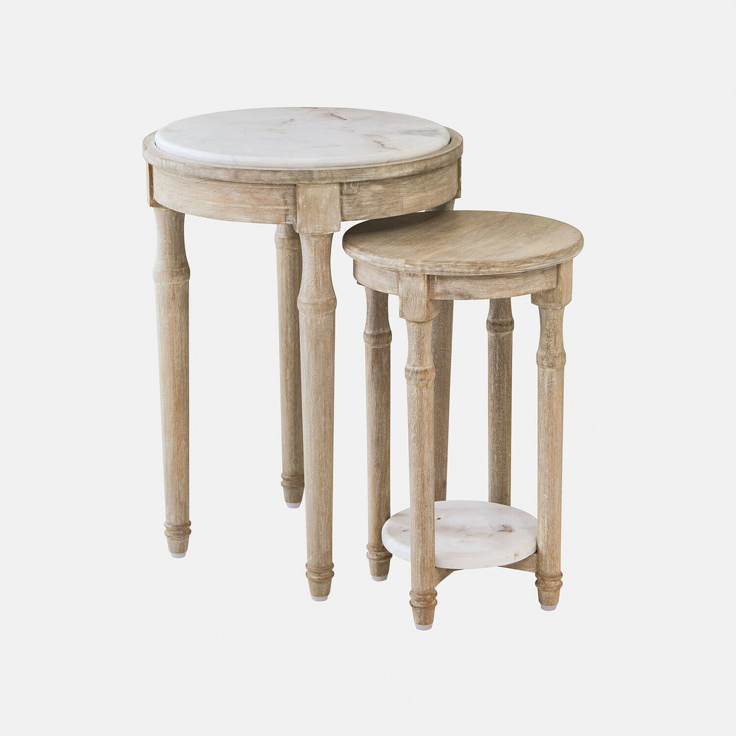 Set aus zwei runden Beistelltischen aus Holz mit weißen Marmorplatten in Naturfarbe