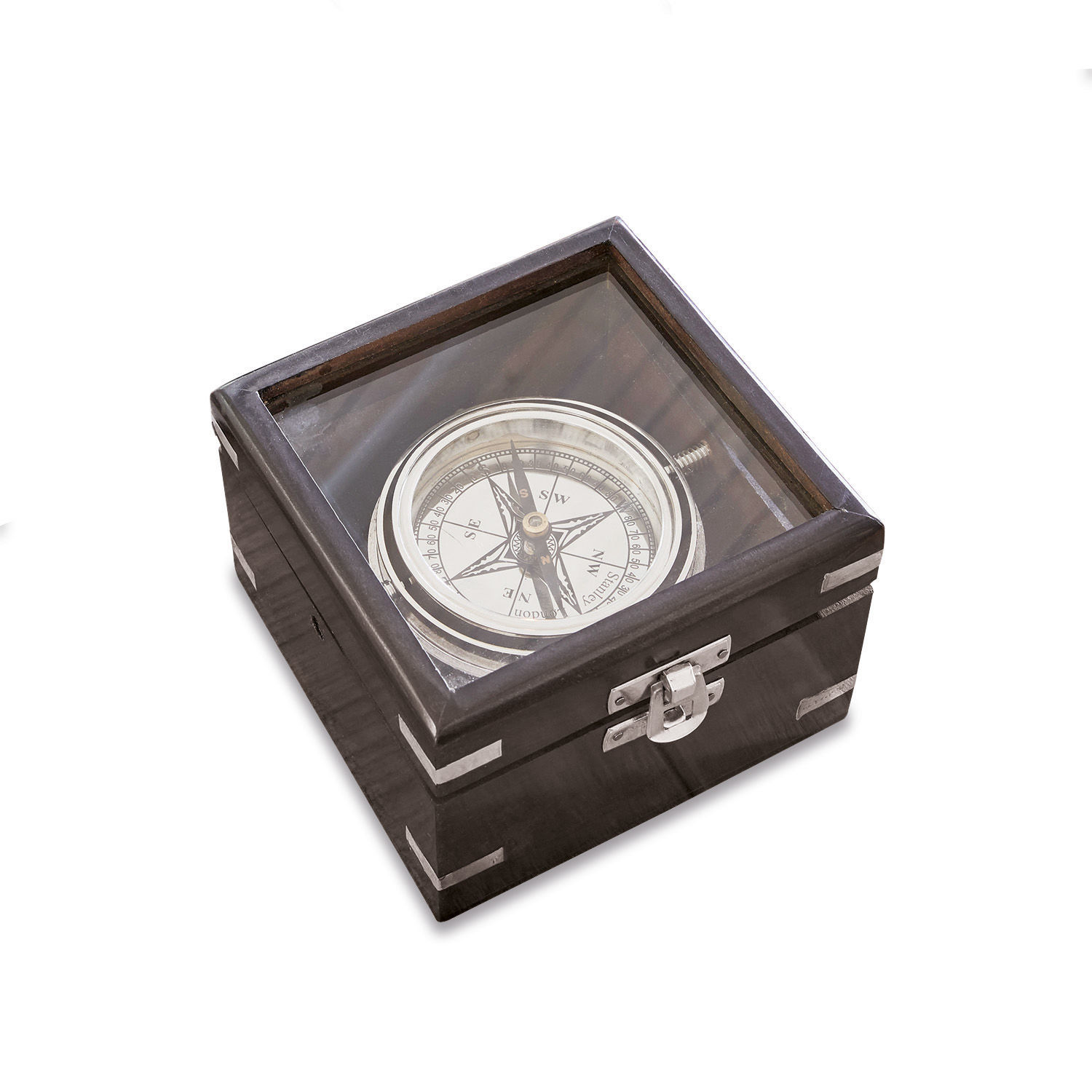 Kompass in schwarzer Holzbox mit Glasdeckel, nautische Dekoration aus Holz und Metall