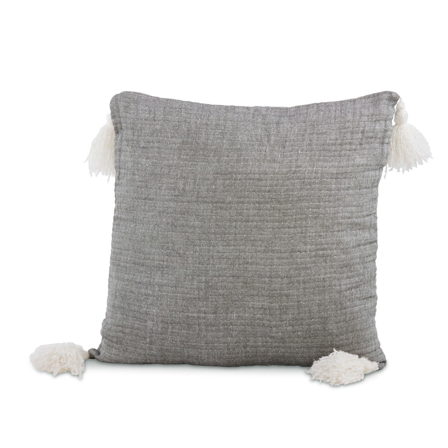 Graues Dekokissen mit weißen Quasten, weiches Material, stilvolles Wohnaccessoire