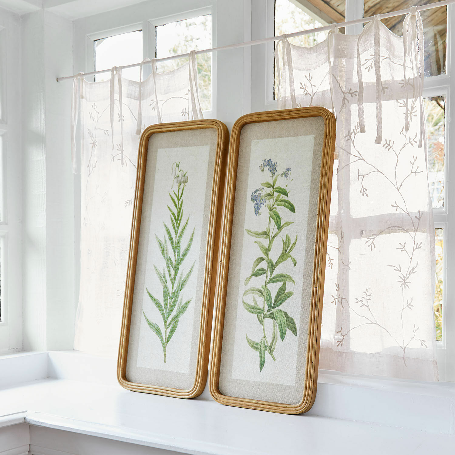 Zwei Bilderrahmen aus Naturholz mit botanischen Illustrationen auf Leinenstoff auf Fensterbank.