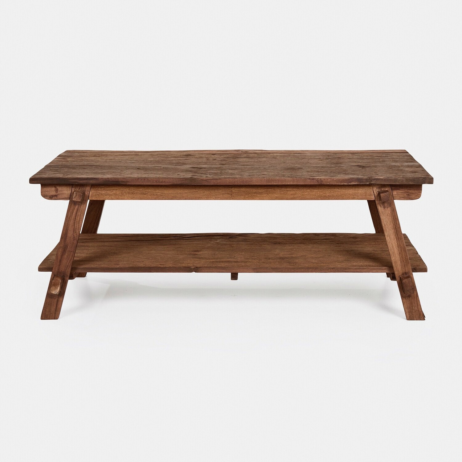 Brauner Holztisch mit unterem Regal, rustikales Design für Wohnzimmer