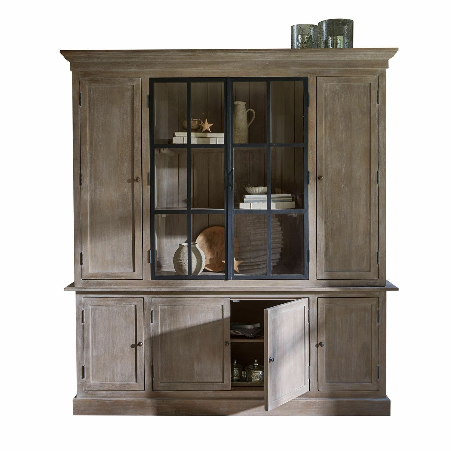 Schrank Valandor Großer Holzschrank mit Glastüren und Regalen in natürlicher Farbe, Wohnzimmermöbel