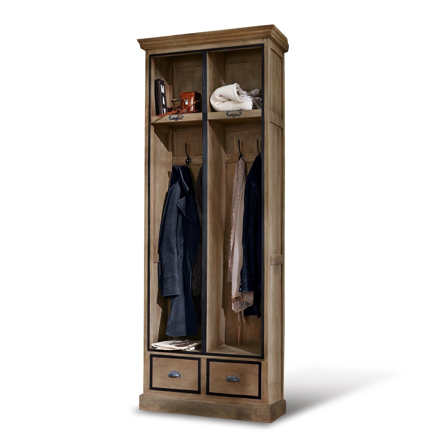Holz-Garderobenschrank mit Haken und Schubladen in natürlicher Farbe für den Flur