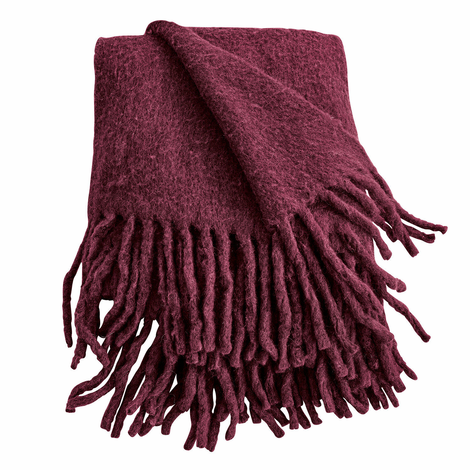 Weicher bordeauxfarbener Plaid mit Fransen aus hochwertigem Material für Dekor und Wärme