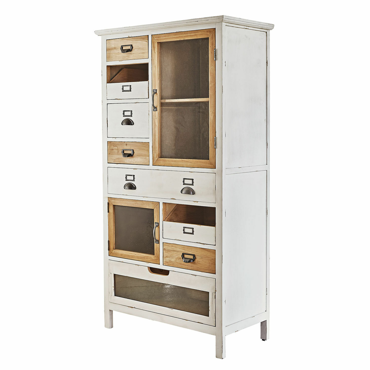 Weiße Holzkommode mit Schubladen und Glastüren, Vintage-Stil Aufbewahrungsmöbel