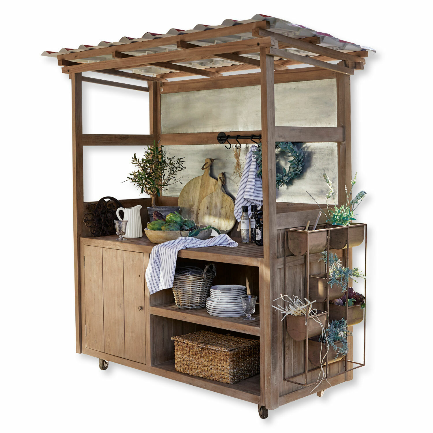Küchenwagen aus Holz mit Regalen, Schrank und Metallpflanzenhalter in natürlicher Farbe