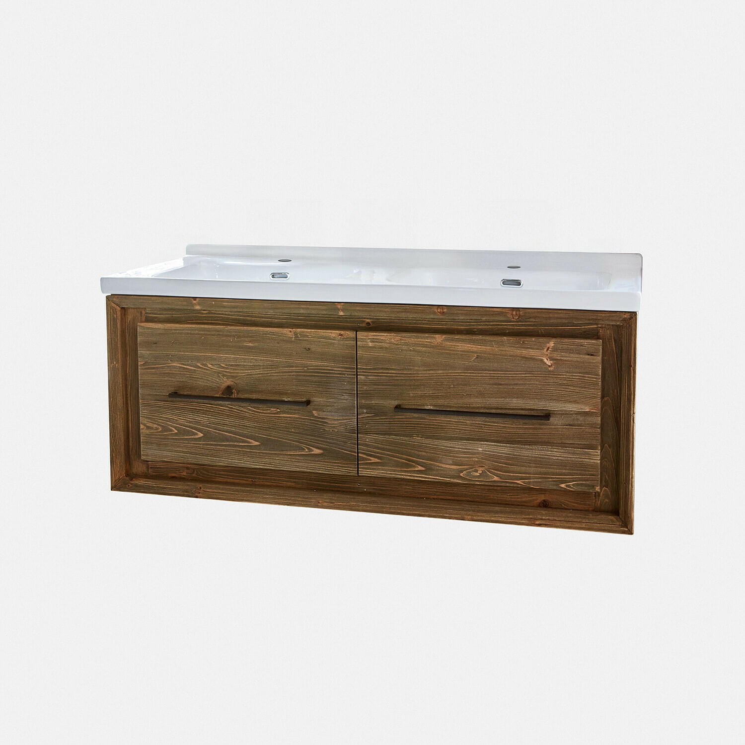Doppelwaschbecken aus weißer Keramik auf braunem Holzschrank für modernes Badezimmer