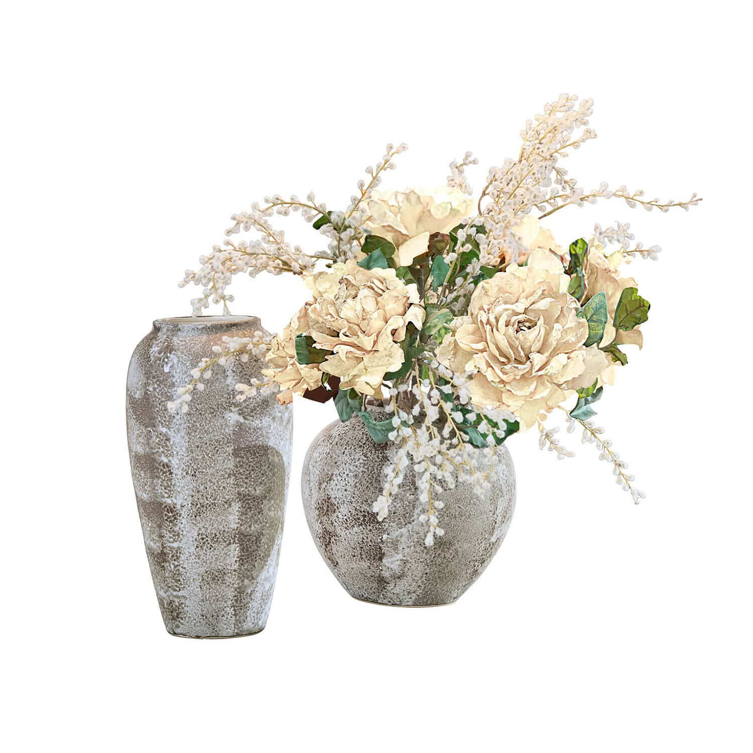 Vase 2er Set Ciel d'Opale Zwei graue Keramikvasen mit cremefarbenen Dekoblumen für die Inneneinrichtung