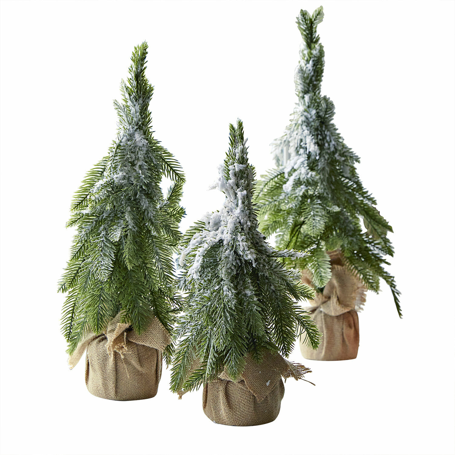 Deko-Baum 3er Set Selitor Drei künstliche Tannen mit grünen Nadeln und weißem Schnee, in Jute gewickelt, Weihnachtsdeko