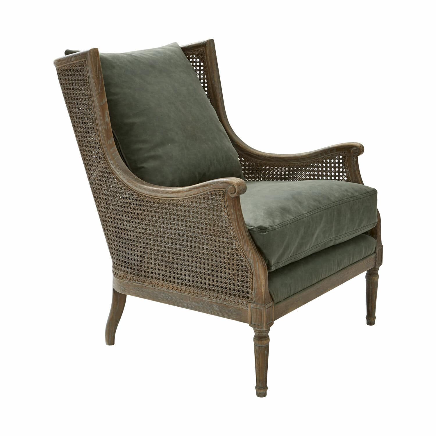 Sessel Greenbrier Sessel aus Holz und Geflecht mit grünen Kissen aus weichem Stoff für Wohnzimmer