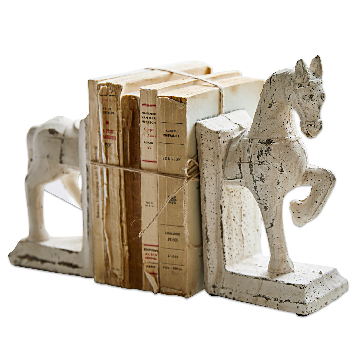 Buchstütze 2er Set Horses Weiße Buchstützen aus Stein in Pferdeform mit antikem Look für stilvolle Wohnakzente