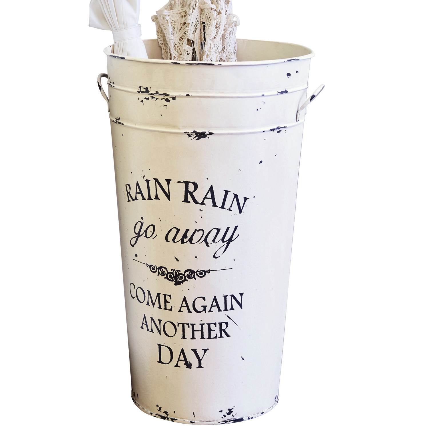 Schirmständer Rain Weißer Metall-Regenschirmständer mit Schriftzug „Rain Rain go away“ und Used-Look