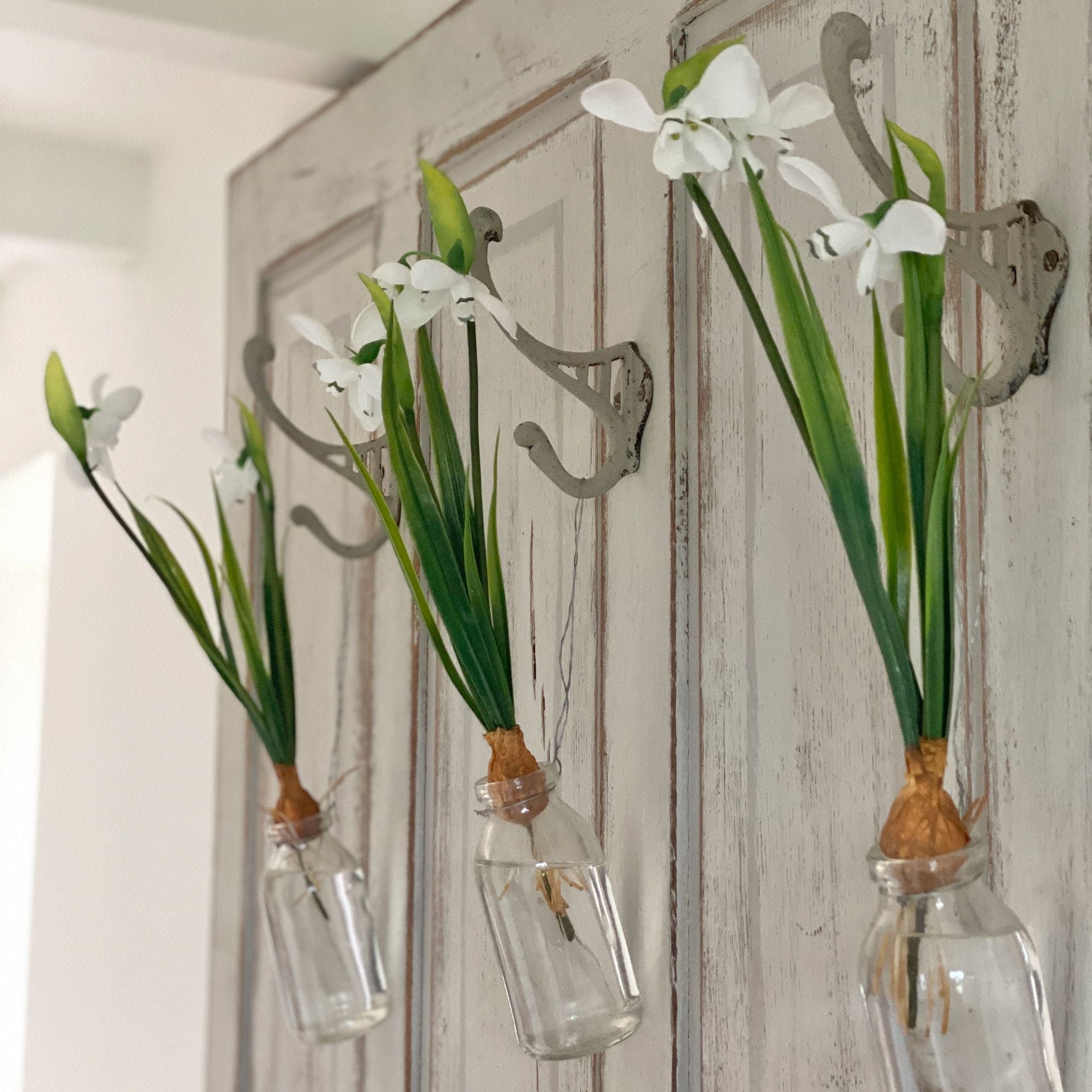 Drei weiße Blumen in Glasflaschen an Metallhaken an einer Holztür hängend