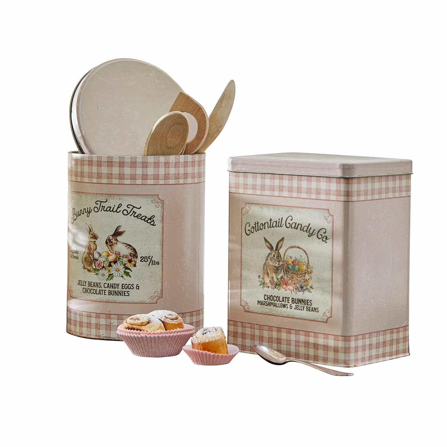 Dose 2er Set Cottontail Metallbehälter in rosa Karomuster mit Hasenmotiv und Holzlöffeln für die Küche
