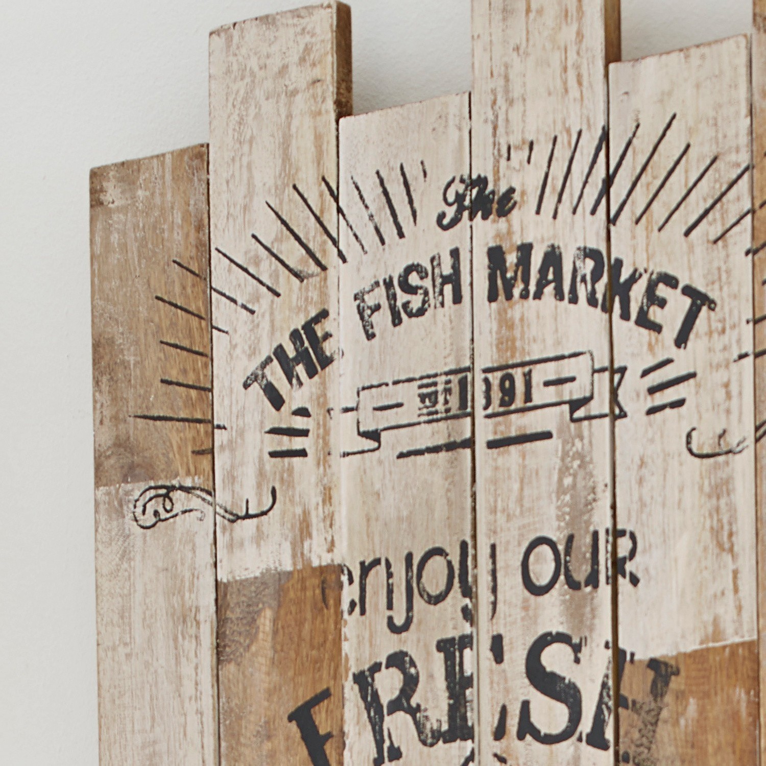 Wanddekoration aus Holz mit Schriftzug The Fish Market im Vintage-Stil, naturfarbig
