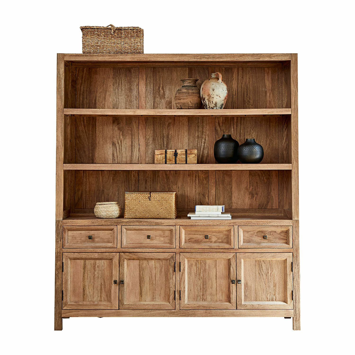 Schrank New Bedford Massives Holzregal in Naturholzfarbe mit Schubladen, Türen und dekorativen Körben und Vasen