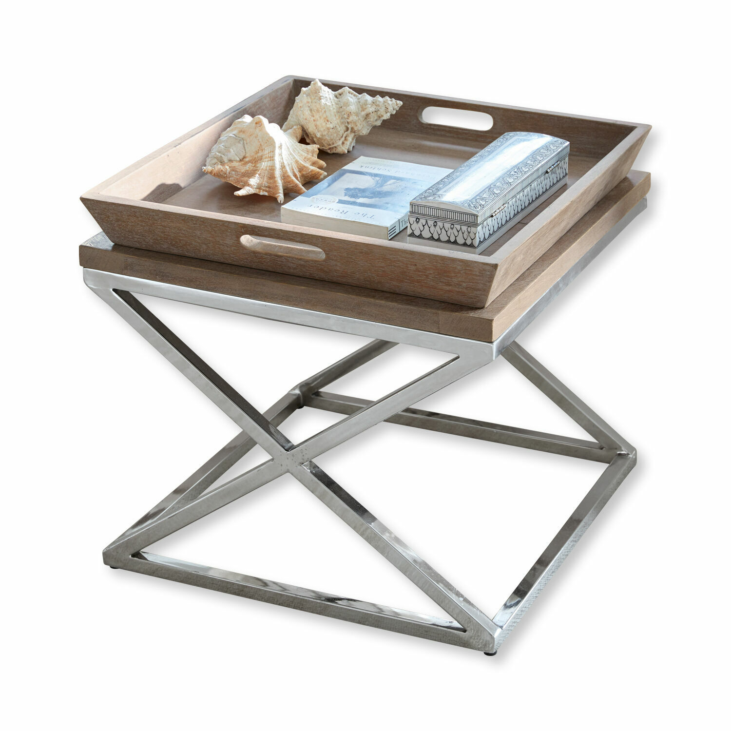 Quadratischer Beistelltisch mit Metallgestell und natürlicher Holztischplatte mit Dekoration