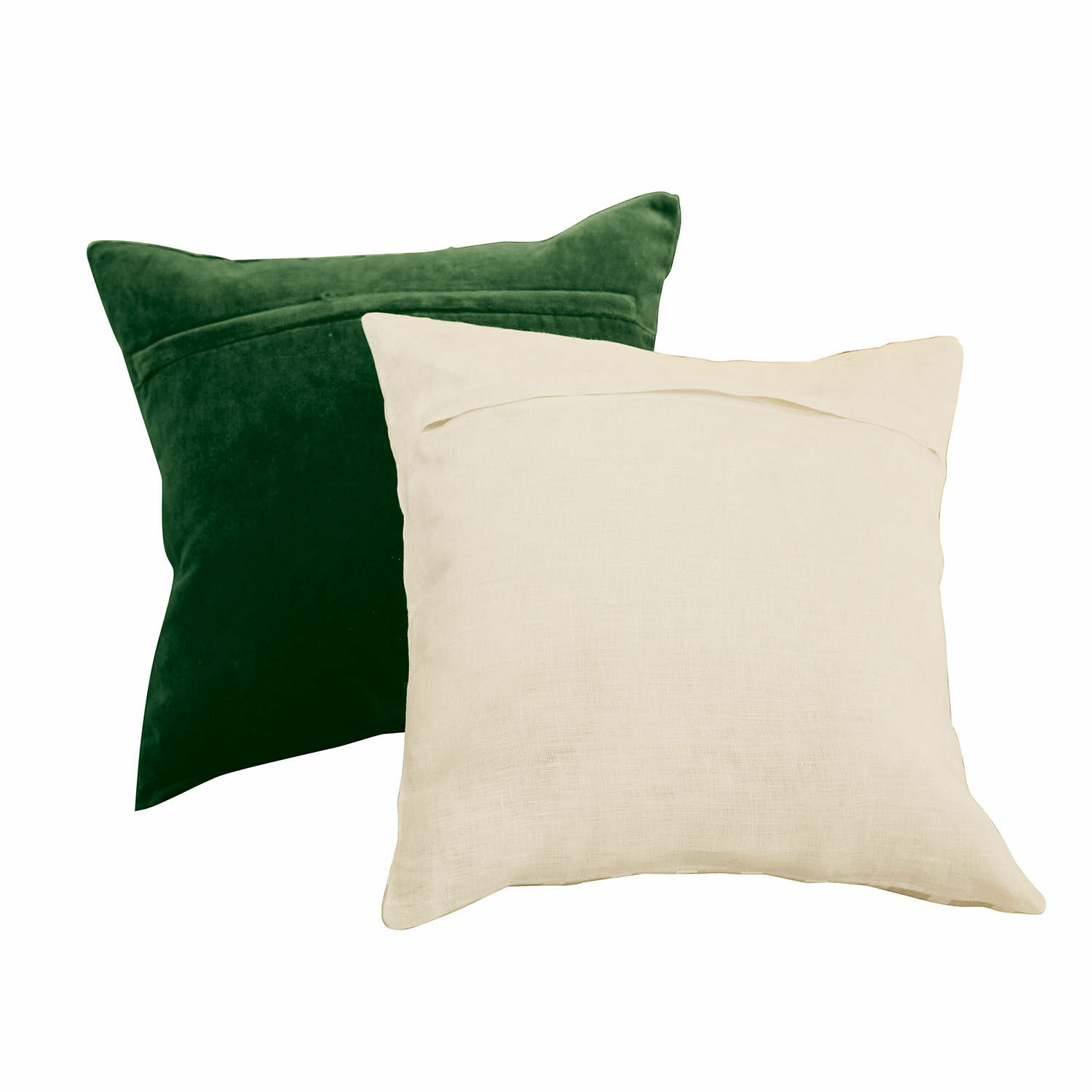 Set aus zwei dekorativen Kissen aus Samt und Leinen in Grün und Creme für Wohnzimmer