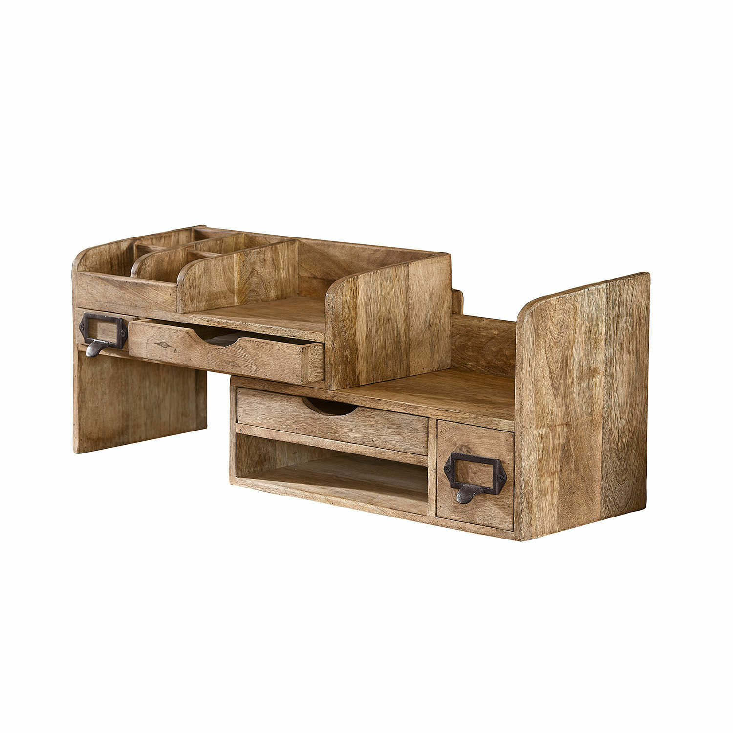 Holz-Organizer für den Schreibtisch mit Schubladen und Fächern in natürlicher Holzfarbe