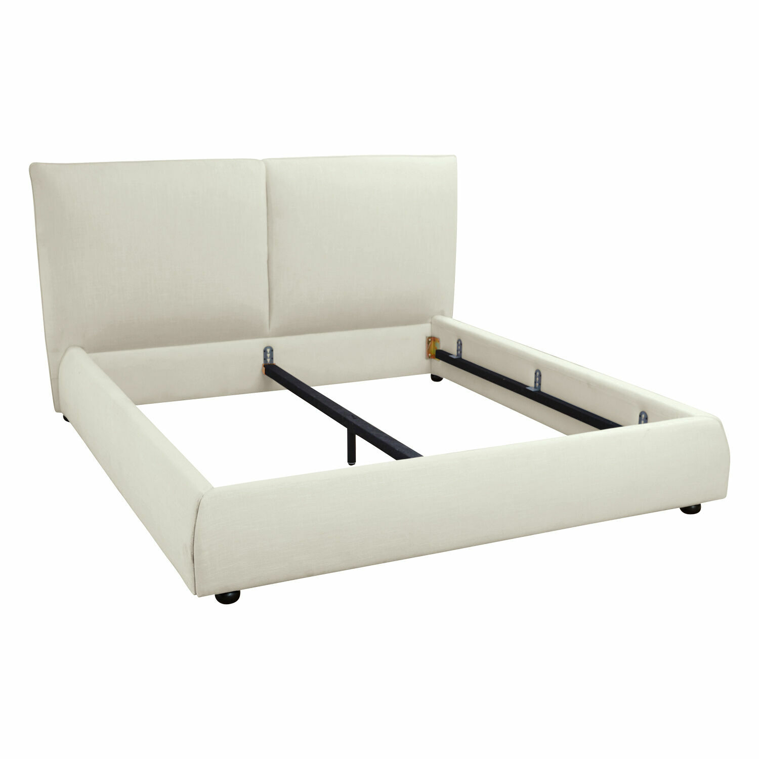 Beiges Polsterbett mit hohem Kopfteil und Metallrahmen für Matratze in modernem Design