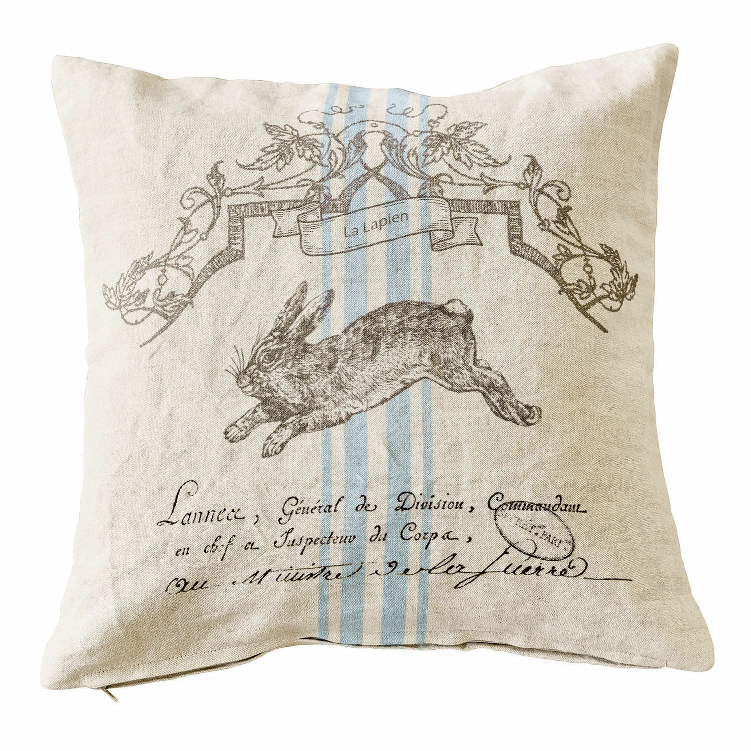Kissenhülle La Lapin Beige Leinenkissen mit Hasenmotiv und blauen Streifen, dekoratives Wohnaccessoire