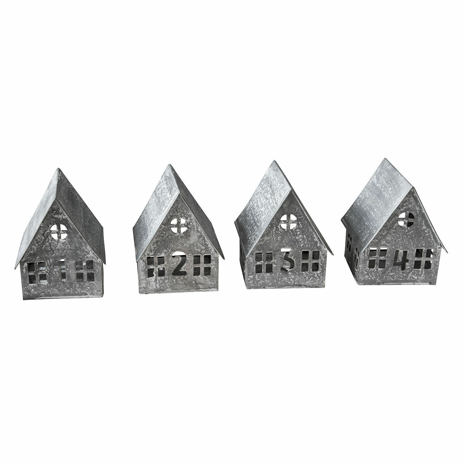 Windlicht 4er Set Ivolere Set aus vier grauen Metallhäusern mit den Zahlen 1 bis 4 als dekorative Wohnaccessoires