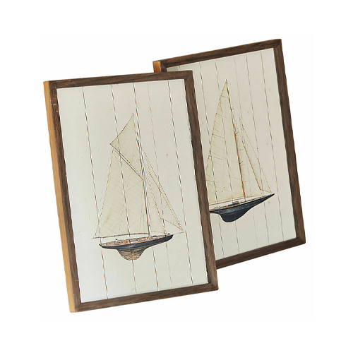 Holzbilder mit Segelbooten auf weißem Hintergrund, maritime Wanddekoration