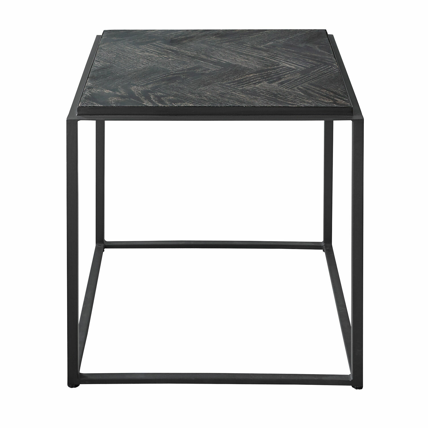 Quadratischer Beistelltisch aus schwarzem Metall mit dunkler Holzplatte und geometrischem Muster