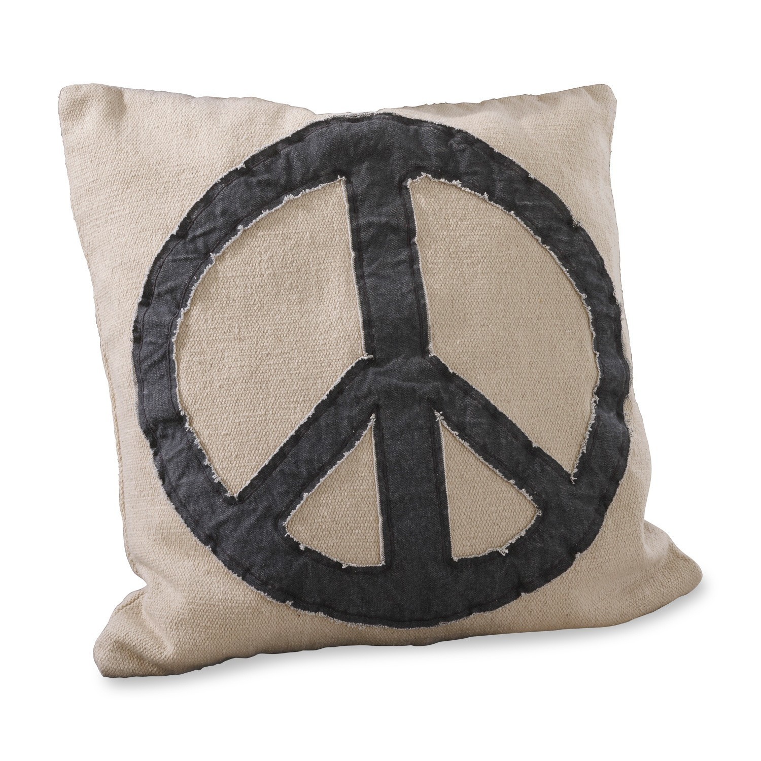 Beige Kissen aus Baumwolle und Leinen mit schwarzem Peace-Zeichen, dekoratives Wohnkissen
