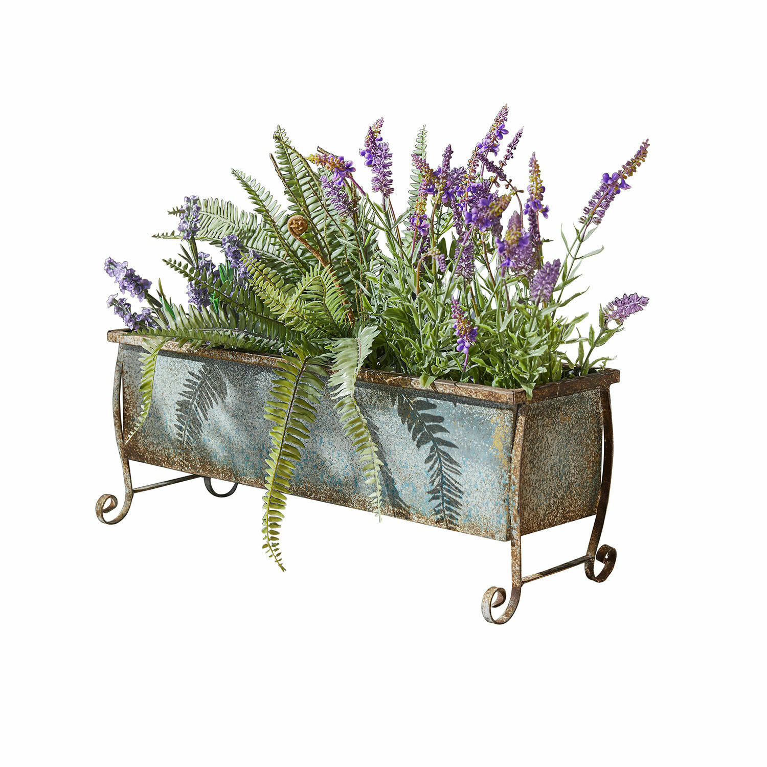 Pflanzkasten Louvière Metall-Blumenkasten mit Patina, gefüllt mit lila Blüten und grünen Farnblättern für Garten-Deko